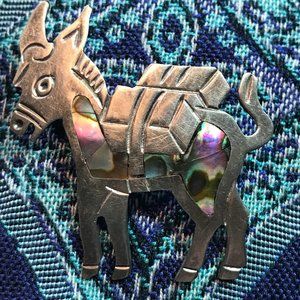 Vintage Sterling Silver Donkey Pin With Inlaid Abalone Shell